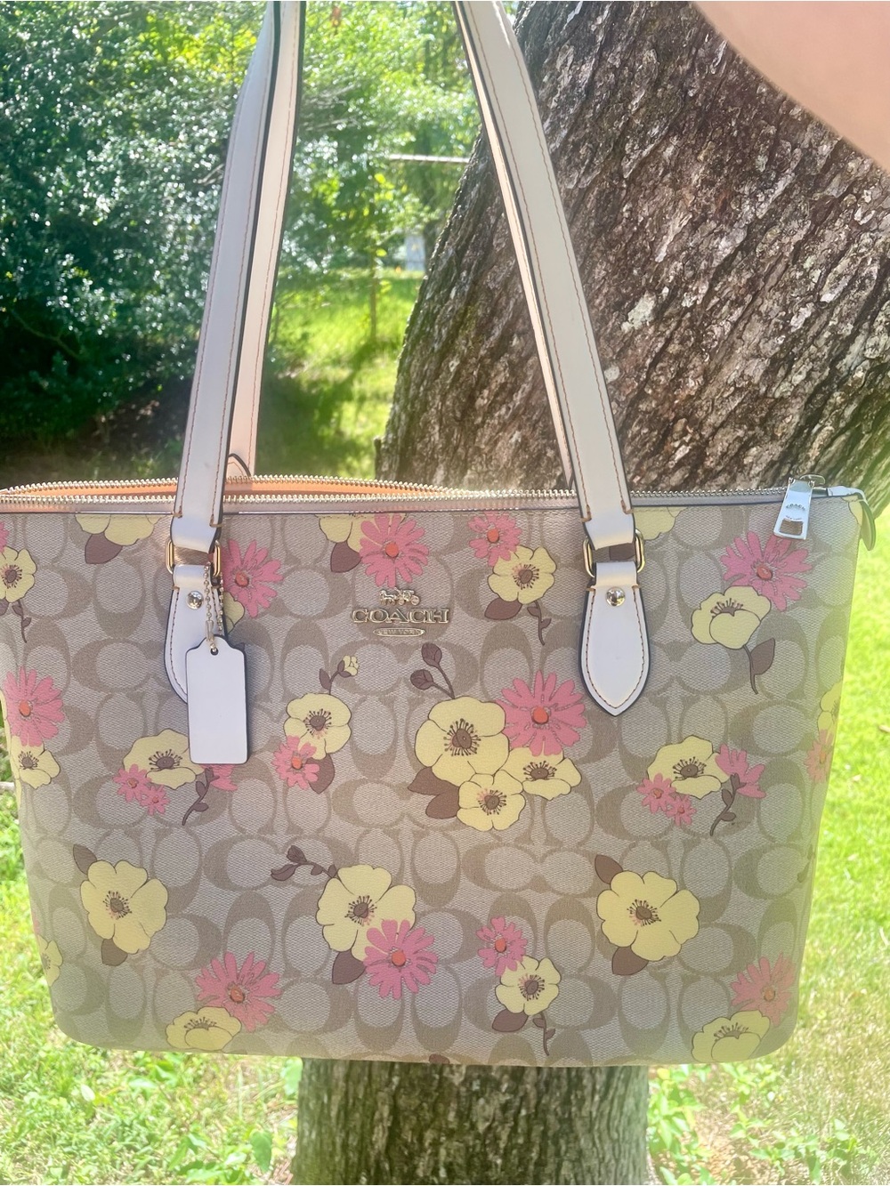 Coach Beige Signature Floral Tote with Pink & Yellow Flowers